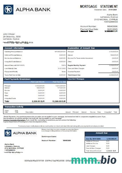 Cypr Bank Alpha wyciąg z kredytu hipotecznego szablon Word i PDF
